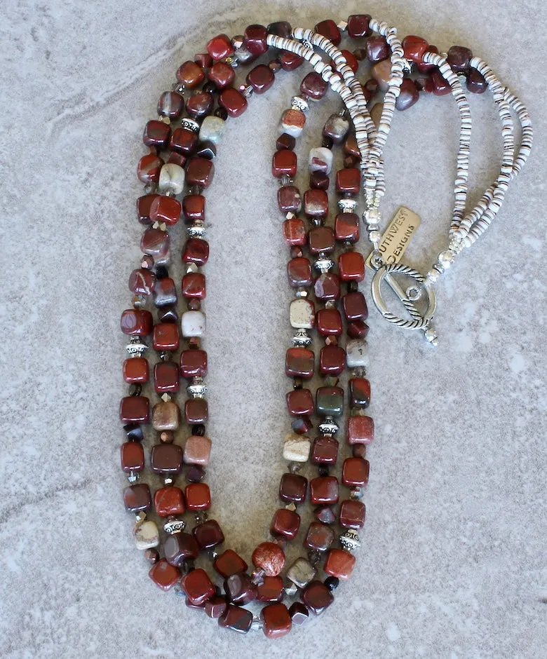 Apple Jasper Cubes 3-Strand Necklace with Czech Glass, Red Jasper, Oyster Shell Heishi and Sterling Silver