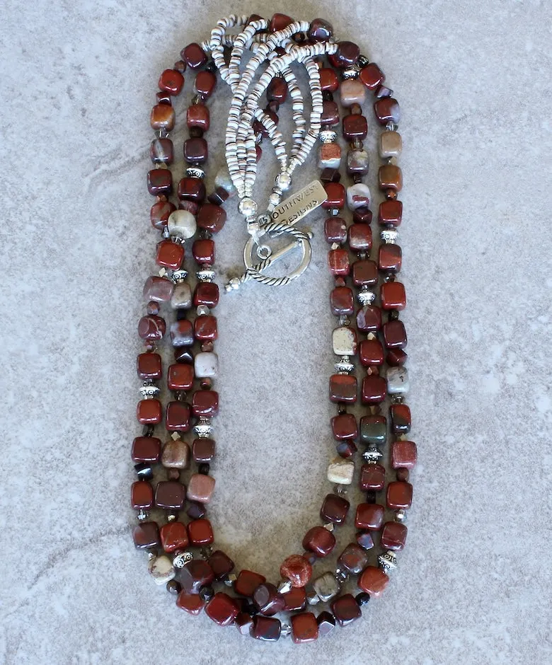 Apple Jasper Cubes 3-Strand Necklace with Czech Glass, Red Jasper, Oyster Shell Heishi and Sterling Silver