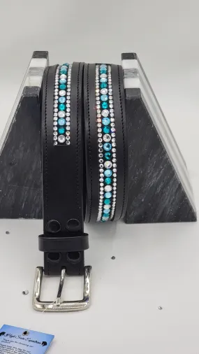 Aquamarine, Blue Zircon and Clear 3 Row Leather Belt