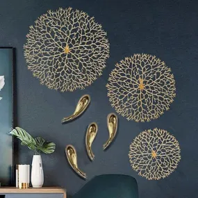 ARCADIA Modern Luxury Handcrafted luxury Set of 7 Lotus Leaf with Fish Metal Wall Decor Perfect for Living Room | Drawing Room | Restaurant | Hotel, Color : Electroplated Gold Multicolor