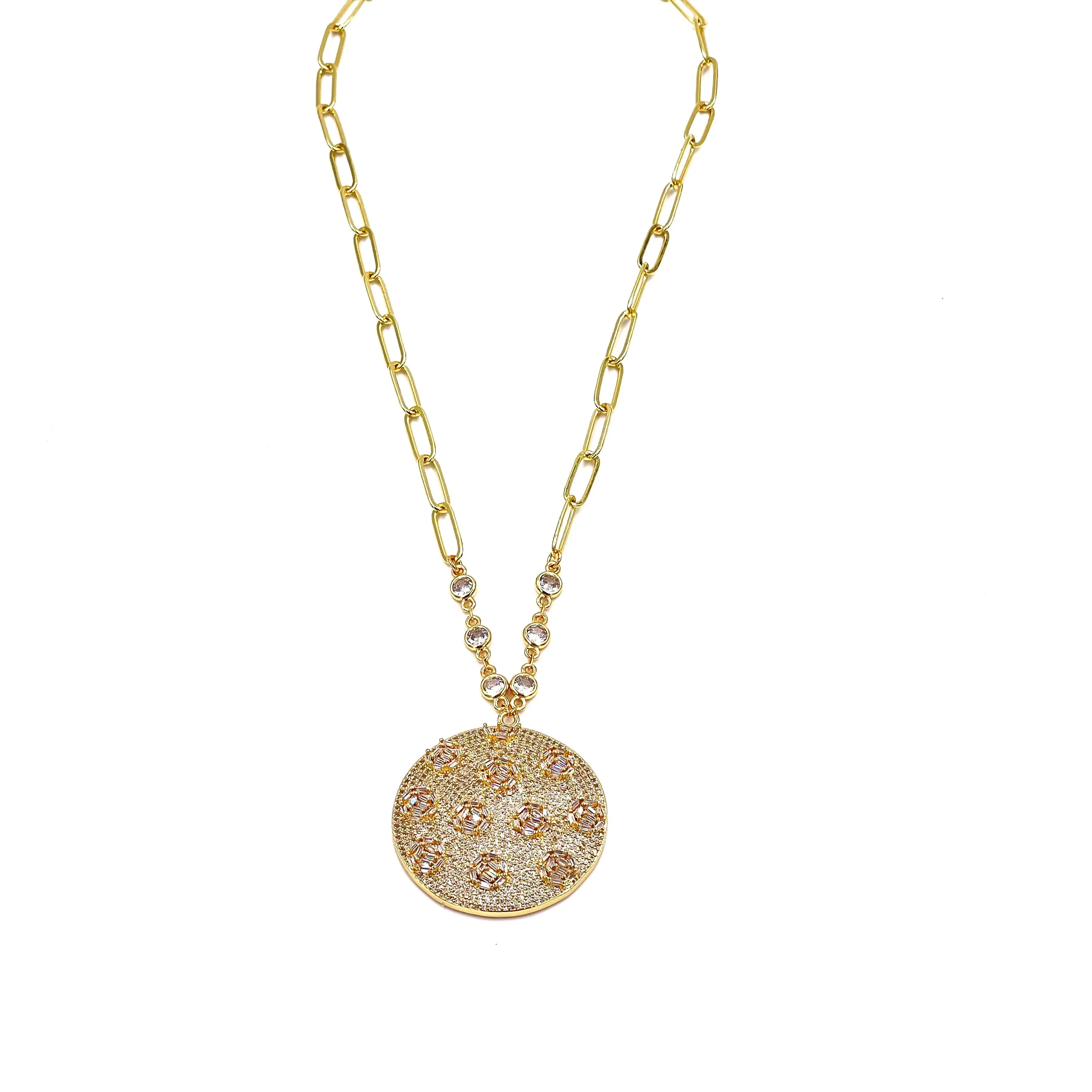 Ashley Gold Stainless Steel Gold Plated CZ Cluster Round Drop 2" Pendant Necklace