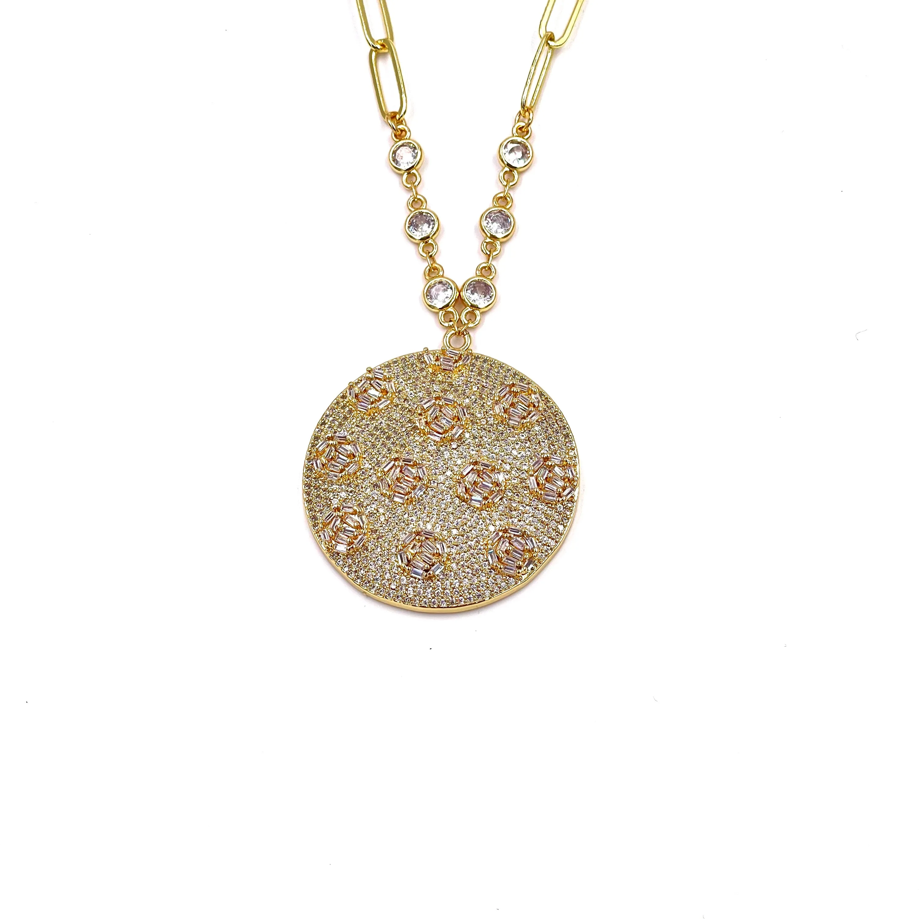 Ashley Gold Stainless Steel Gold Plated CZ Cluster Round Drop 2" Pendant Necklace