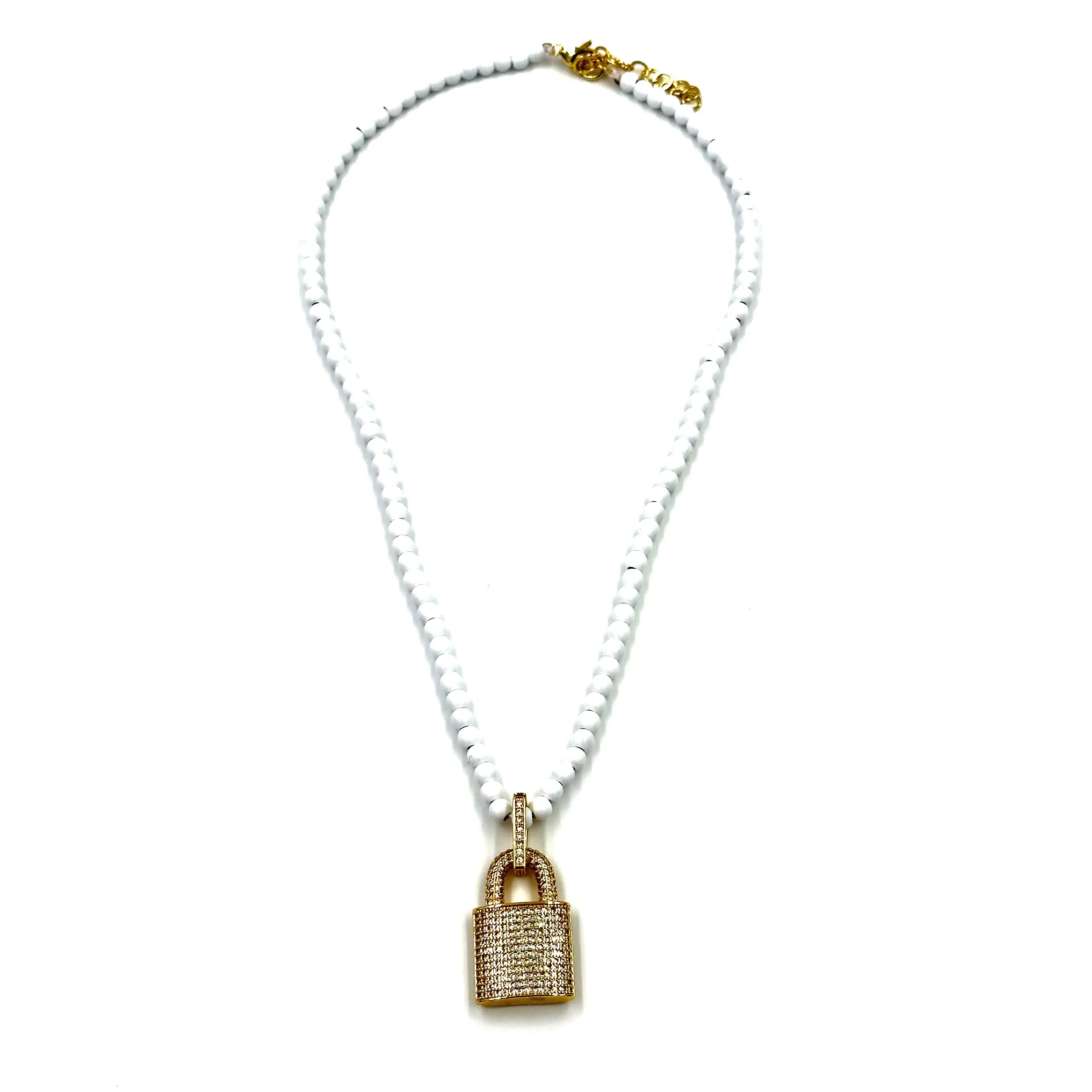 Ashley Gold Stainless Steel Gold Plated CZ Lock Pendant White Beaded Necklace