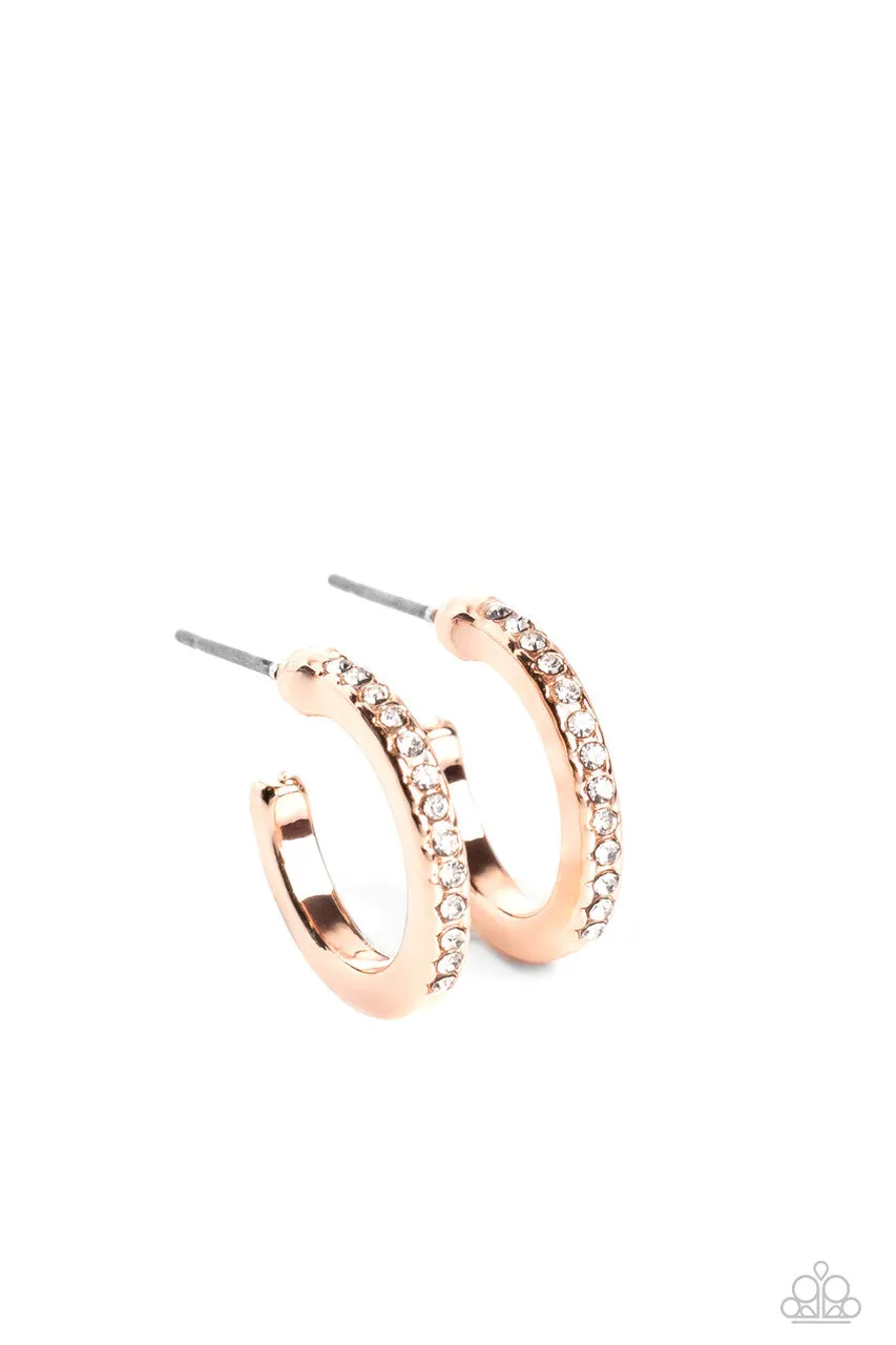 Audaciously Angelic - Rose Gold - White Rhinestone Paparazzi Tiny Hoop Earrings