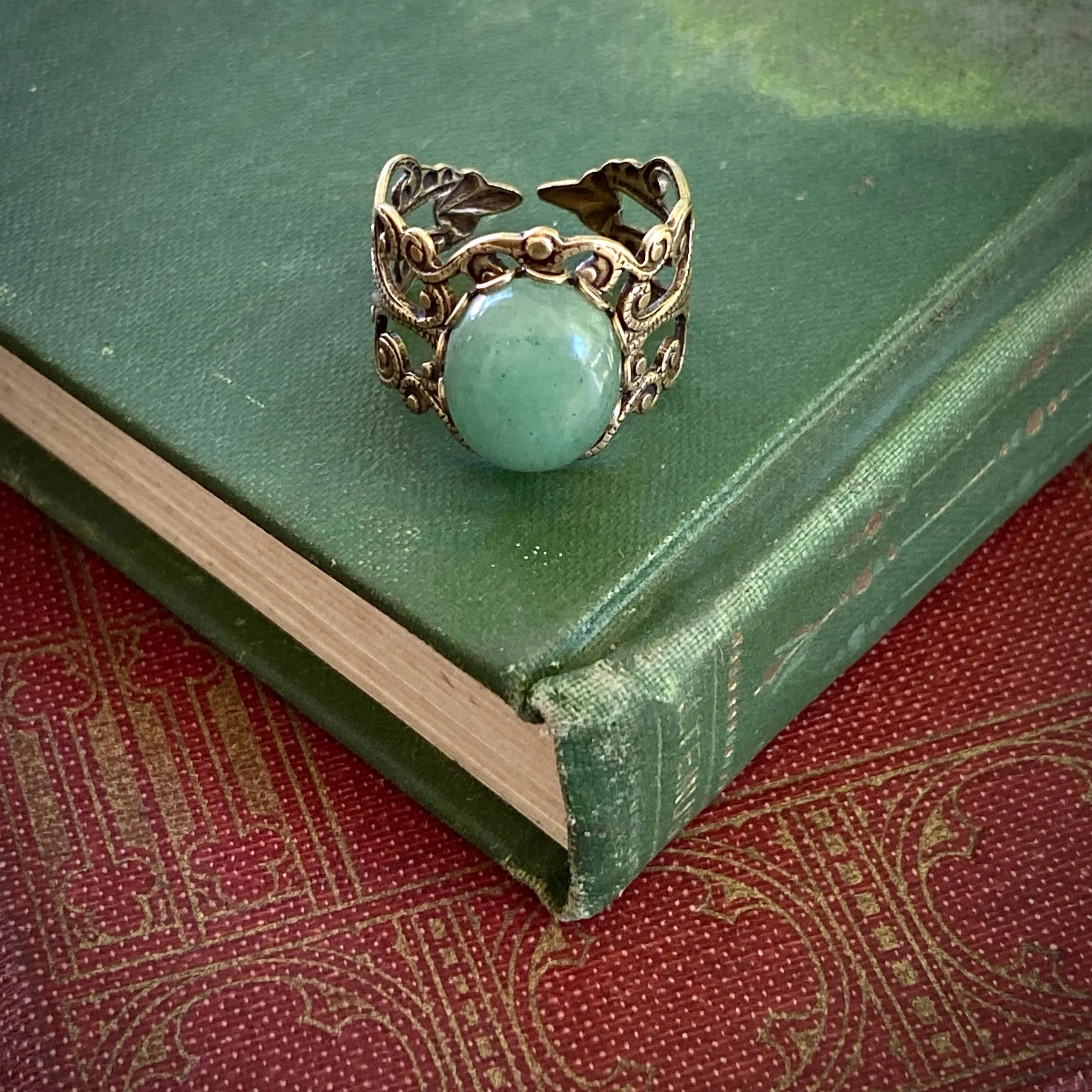 Aventurine Filigree Ring in Antiqued Brass