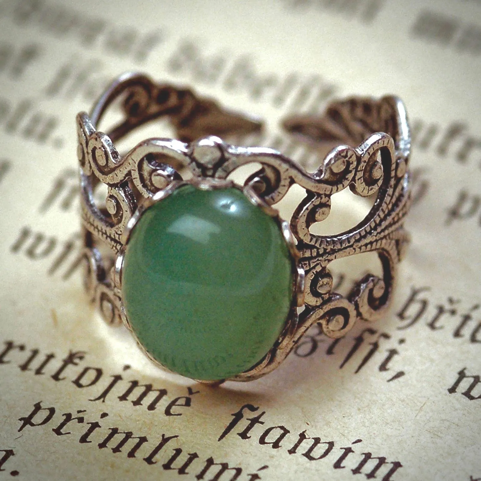 Aventurine Filigree Ring in Antiqued Brass