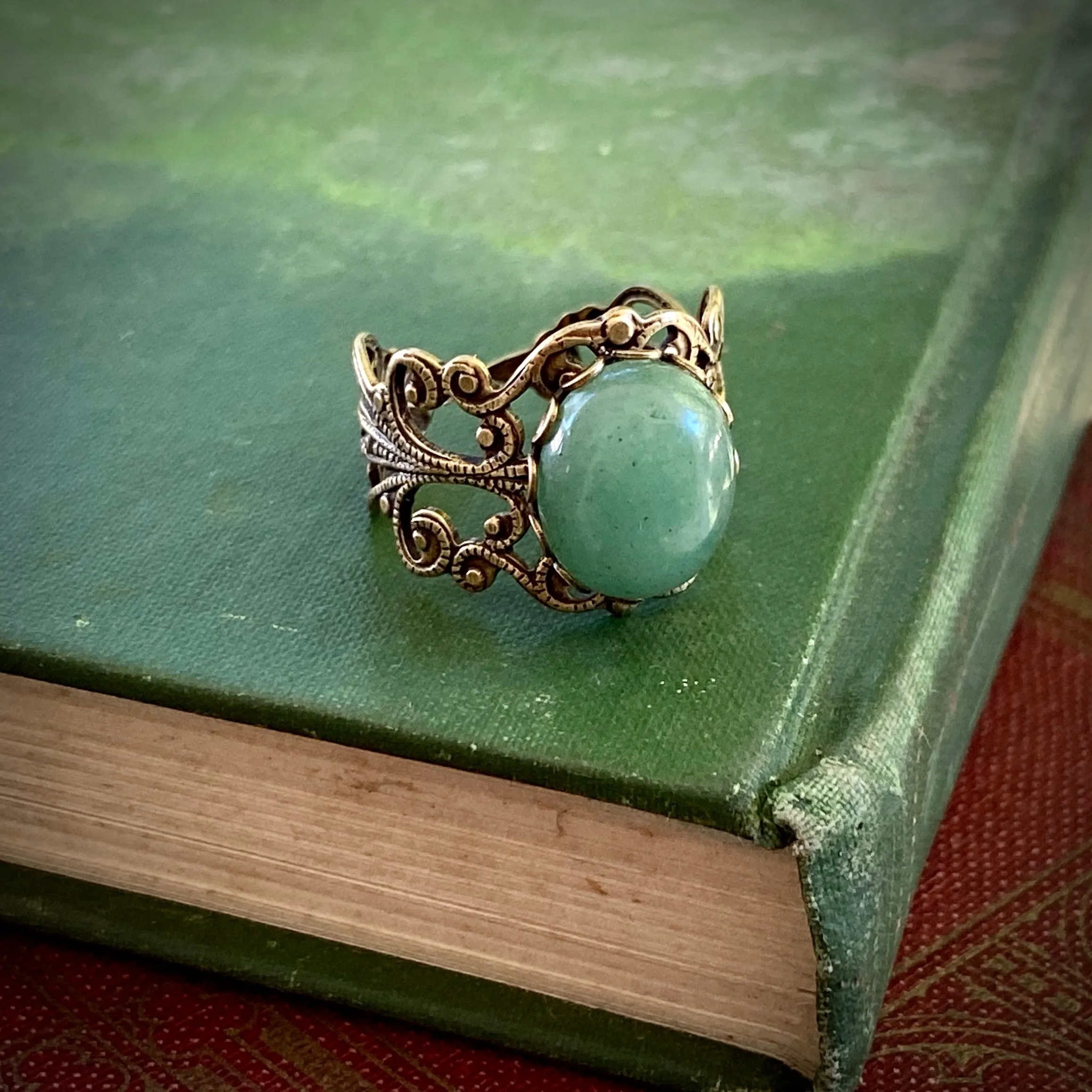 Aventurine Filigree Ring in Antiqued Brass