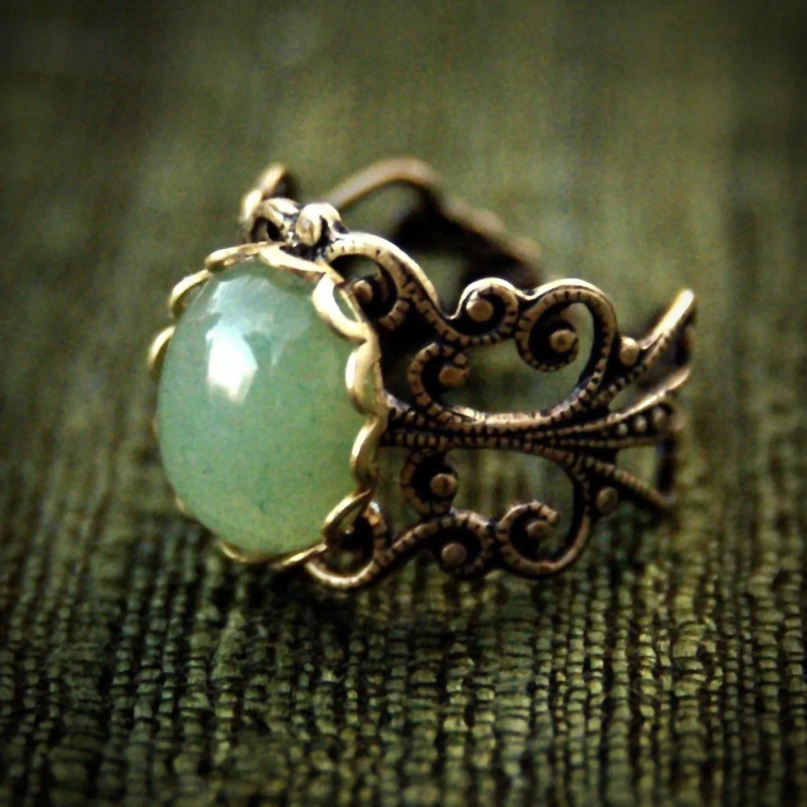 Aventurine Filigree Ring in Antiqued Brass