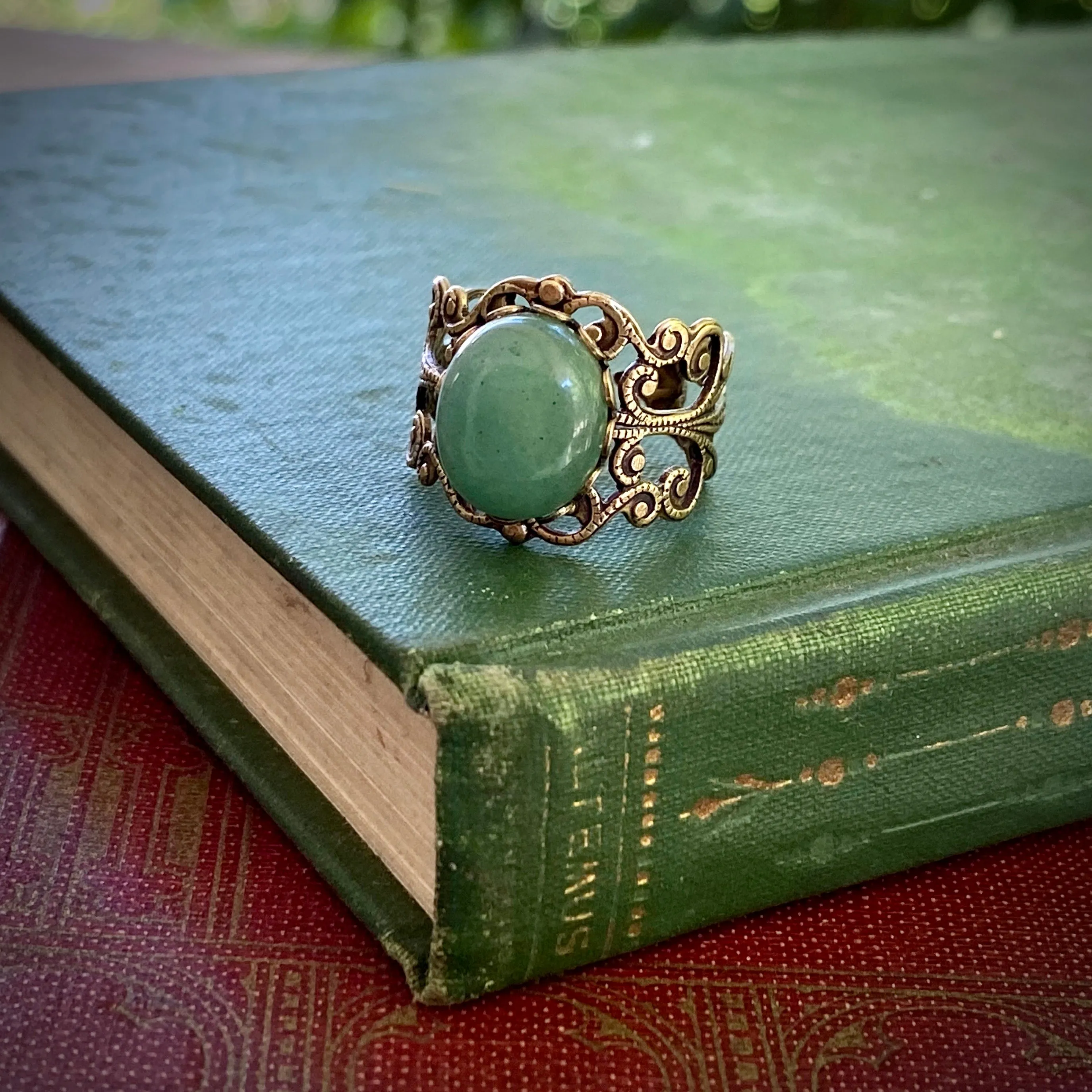 Aventurine Filigree Ring in Antiqued Brass