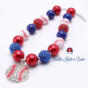 Baseball Chunky Bead Bubblegum Necklace, Girls Jewelry