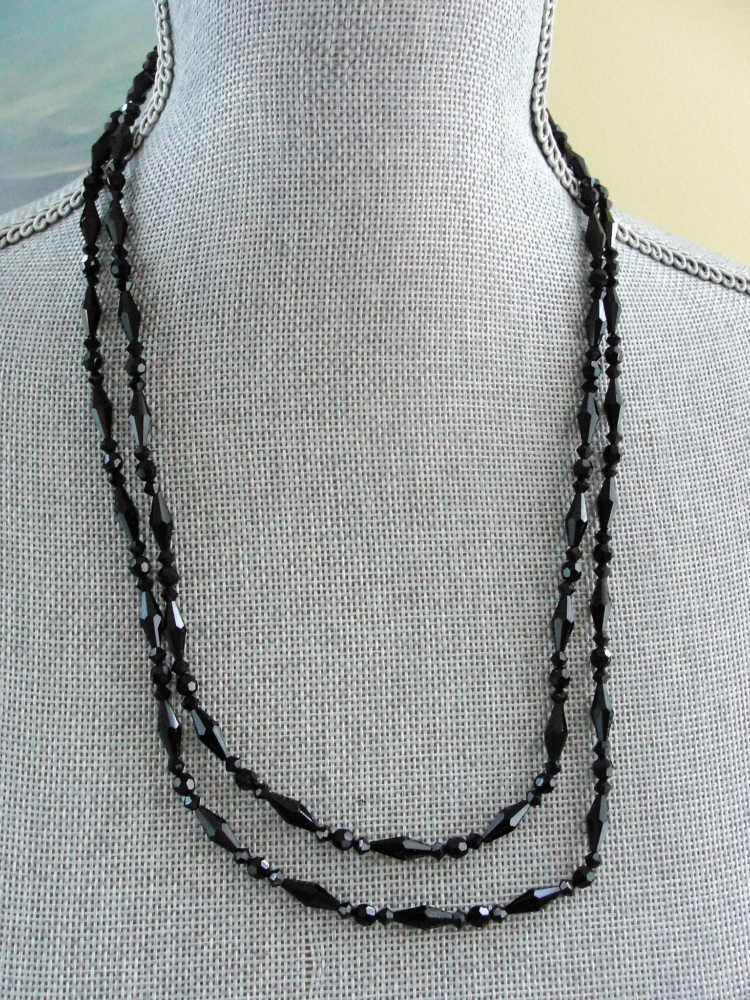 BEAUTIFUL Signed SHERMAN Black Beaded Necklace,Swarovski Crystal,Glittering Long 2 Strand Necklace,Rare Sherman Design,Collectible Jewelry