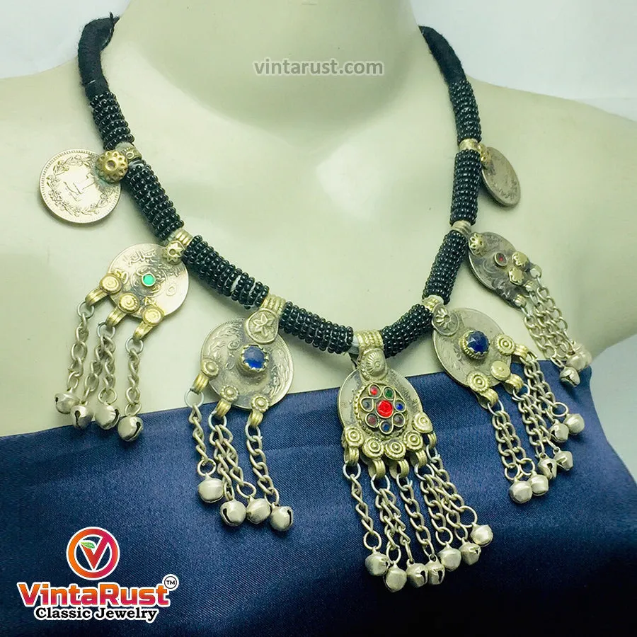 Black Beaded Necklace With Dangling Coins Pendants