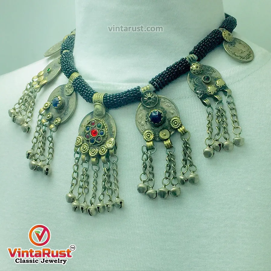 Black Beaded Necklace With Dangling Coins Pendants