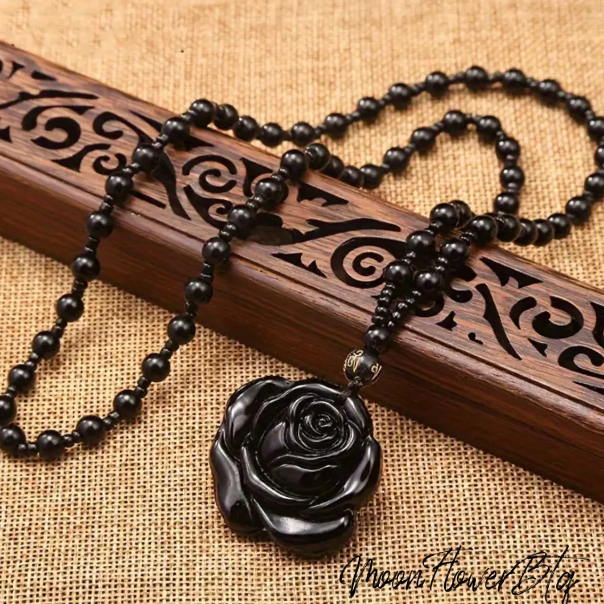 Black Obsidian Rose Pendant Necklace