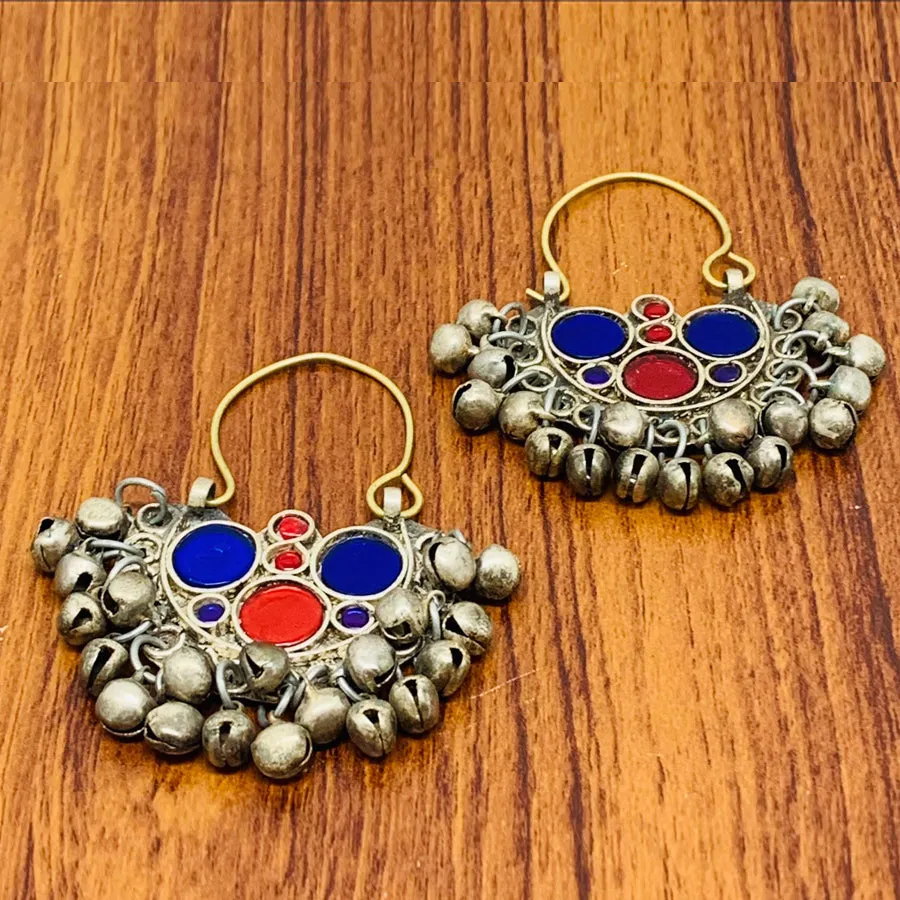 Blue and Red Glass Stone Hoop Earrings