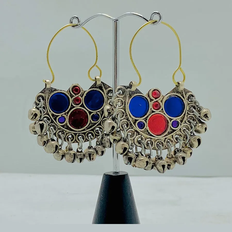 Blue and Red Glass Stone Hoop Earrings