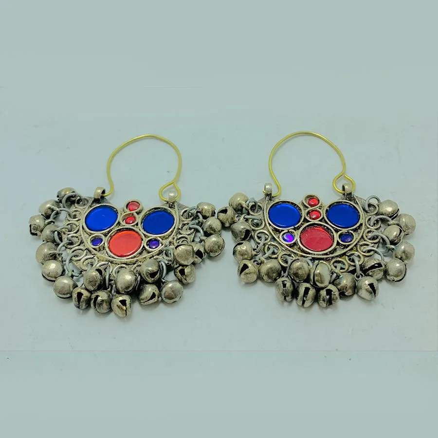 Blue and Red Glass Stone Hoop Earrings