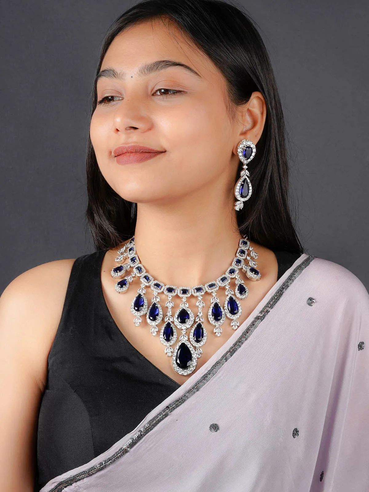 Blue Color Silver Plated Faux Diamond Necklace Set - CZSET315BL