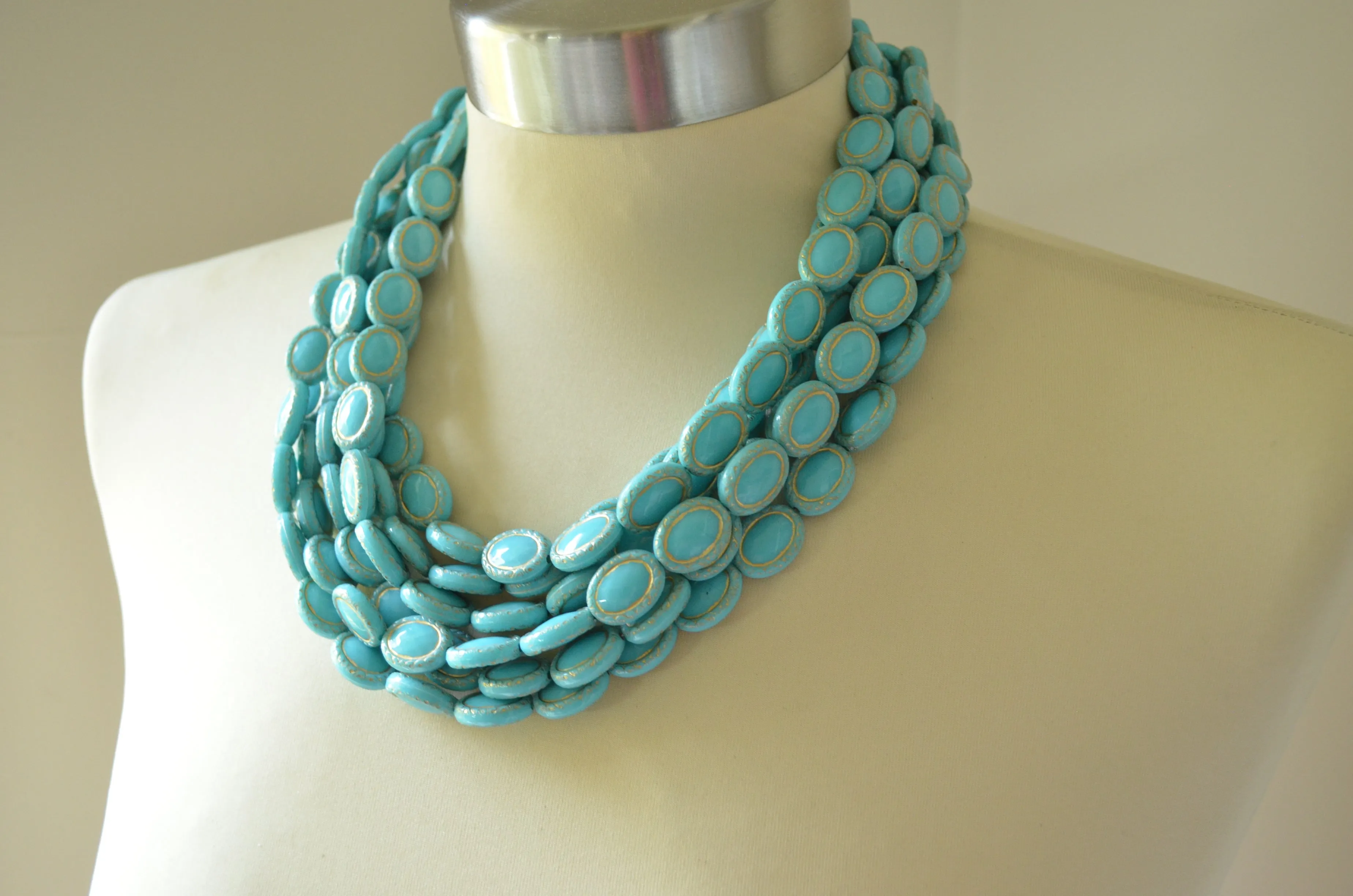 Blue Gold Acrylic Bead Chunky Multi Strand Statement Necklace - Ava