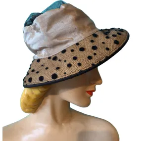 Burlap Brim Open Crown Hat with Black Polka Dot Netting circa 1940s