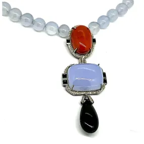 Chalcedony ,Red Coral ,Onyx and Diamond Necklace