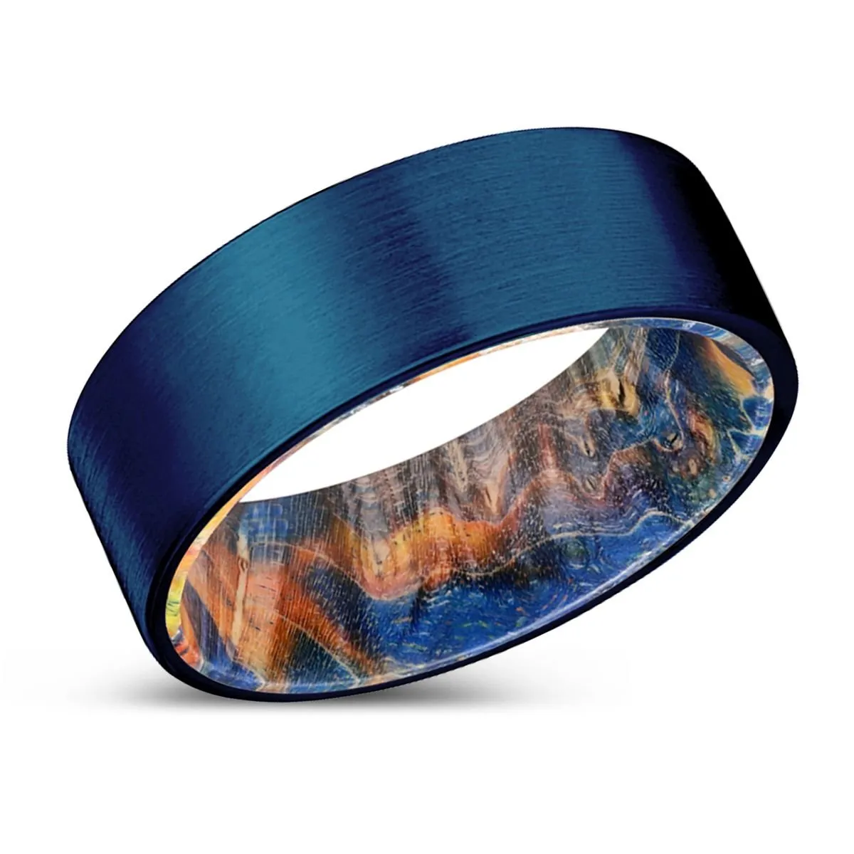 CHIEF | Blue & Yellow/Orange Wood, Blue Tungsten Ring, Brushed, Flat