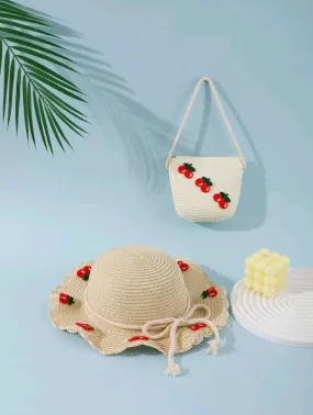 Childrens Straw Red Cherry Sun Hat & Bag