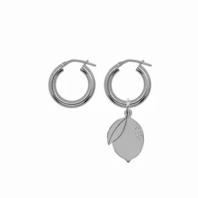 Chunky Hoop Earrings with Lemon Pendant - Silver