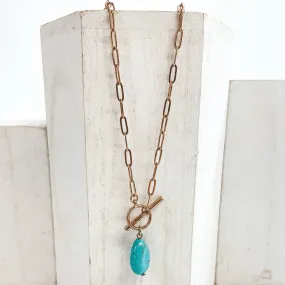 Clean Mind Gold Paperclip Chain with Teardrop Stone Pendant in Turquoise