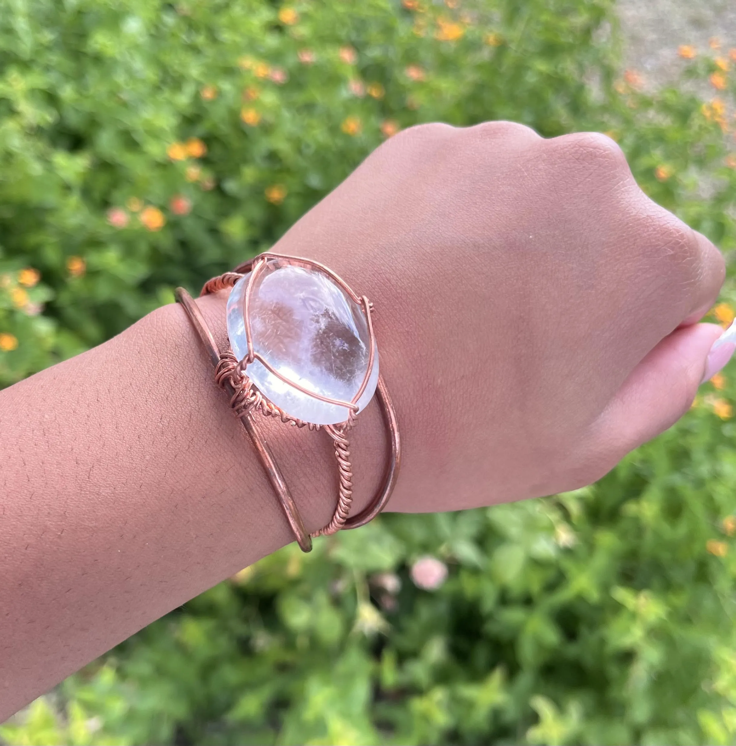 Clear Crystal Quartz Gallet Wirewrapped Copper Bracelet