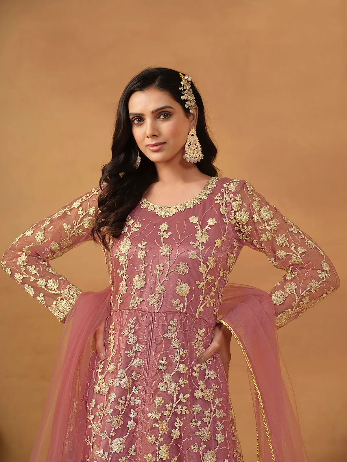 Coral Pink Embroidered Net Wedding Anarkali Suit