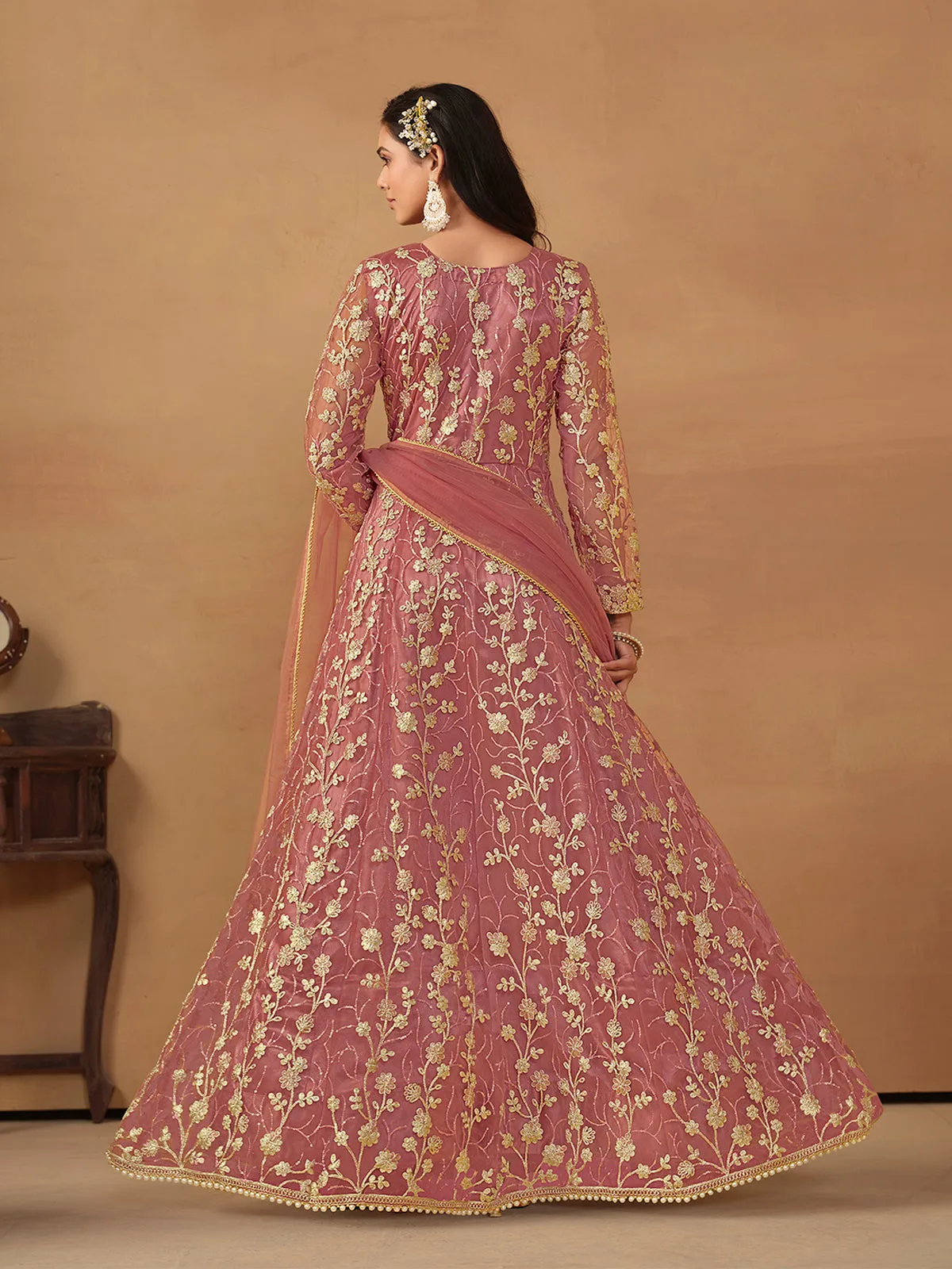 Coral Pink Embroidered Net Wedding Anarkali Suit