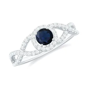 Criss Cross Shank Blue Sapphire and Diamond Halo Engagement Ring