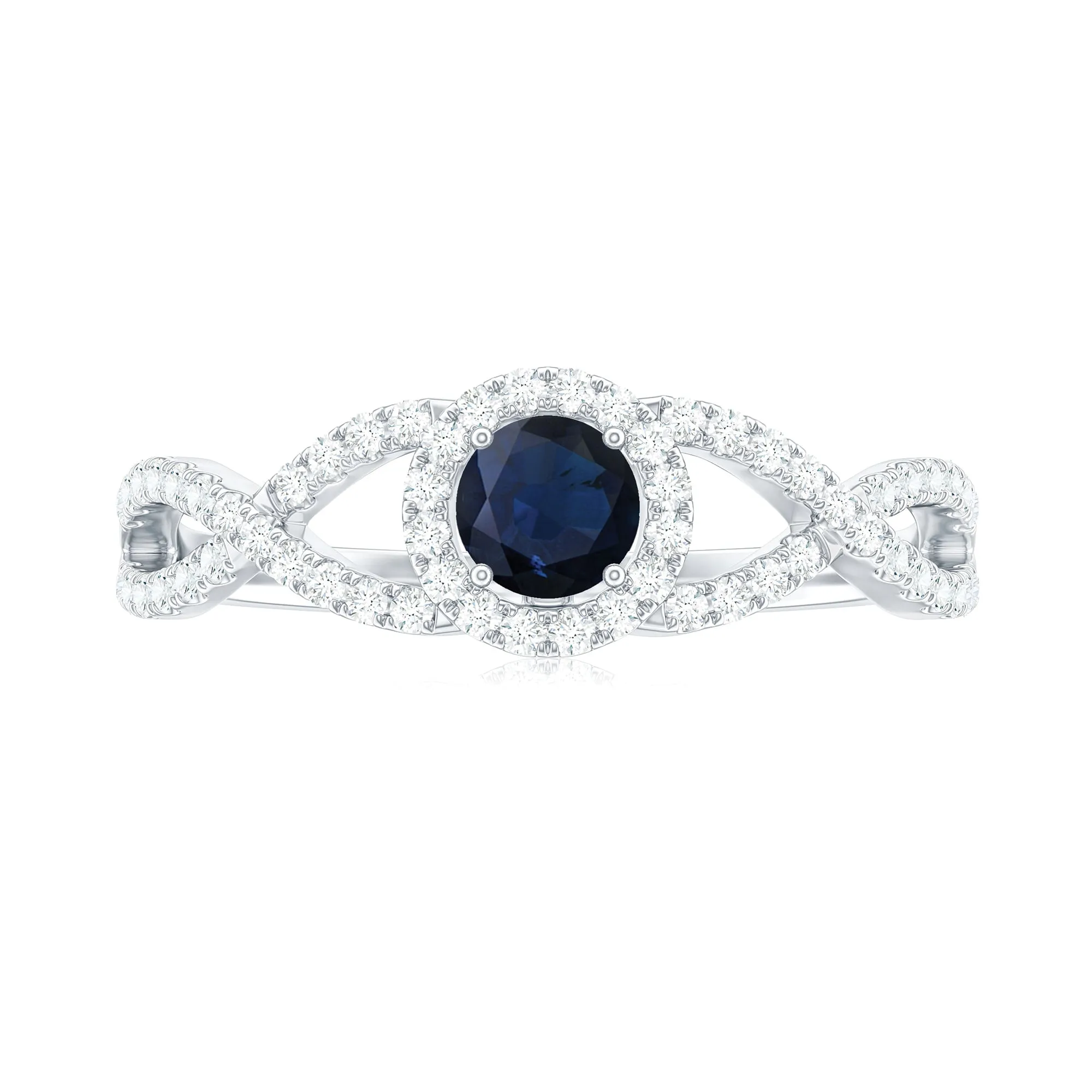 Criss Cross Shank Blue Sapphire and Diamond Halo Engagement Ring