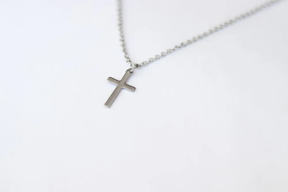 Cross necklace for men, mens necklace waterproof steel cross pendant, silver chain gift for him, christian catholic necklace