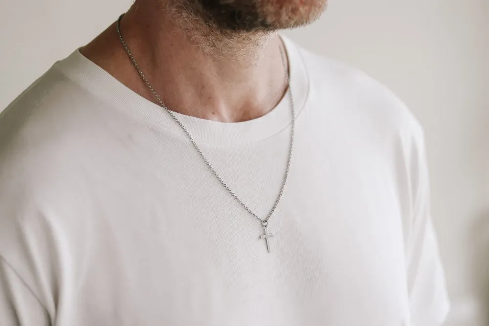 Cross necklace for men, mens necklace waterproof steel cross pendant, silver chain gift for him, christian catholic necklace