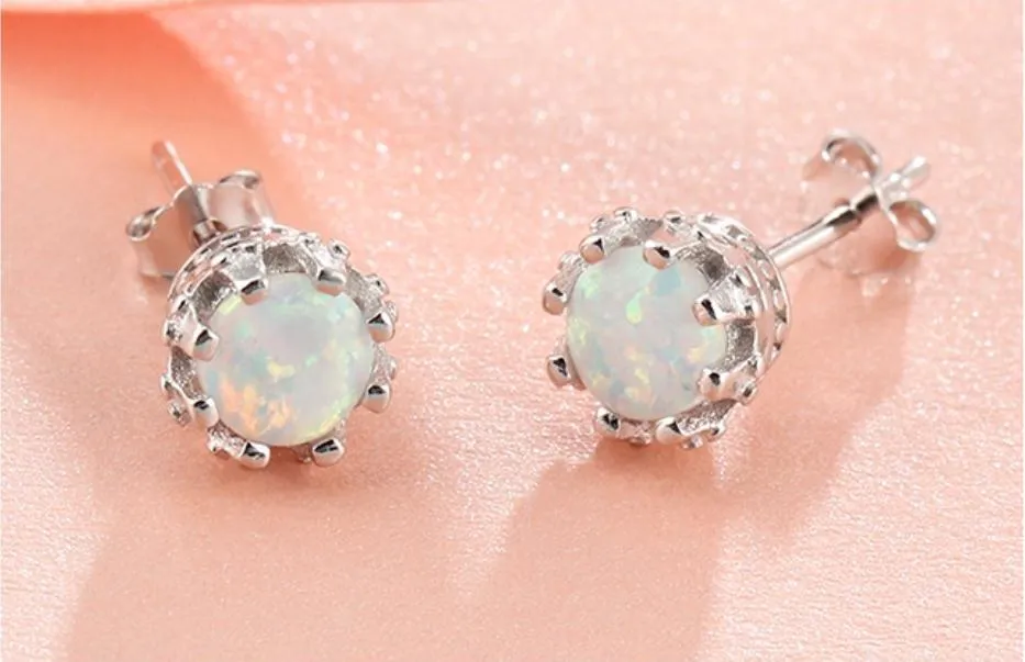 Crown Shape Prongs Round Opal Sterling Silver Stud Earrings