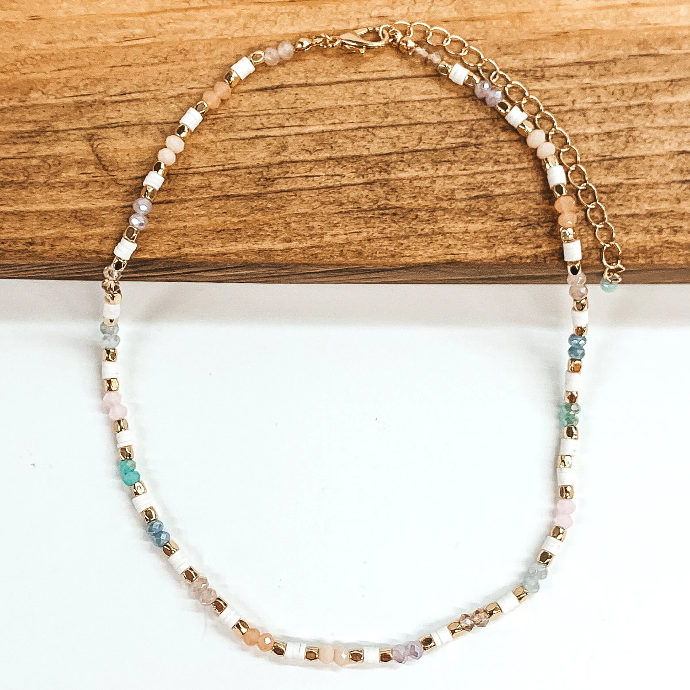 Crystal and Disc Beaded Choker Necklace with Gold Spacers in Pastel Mix