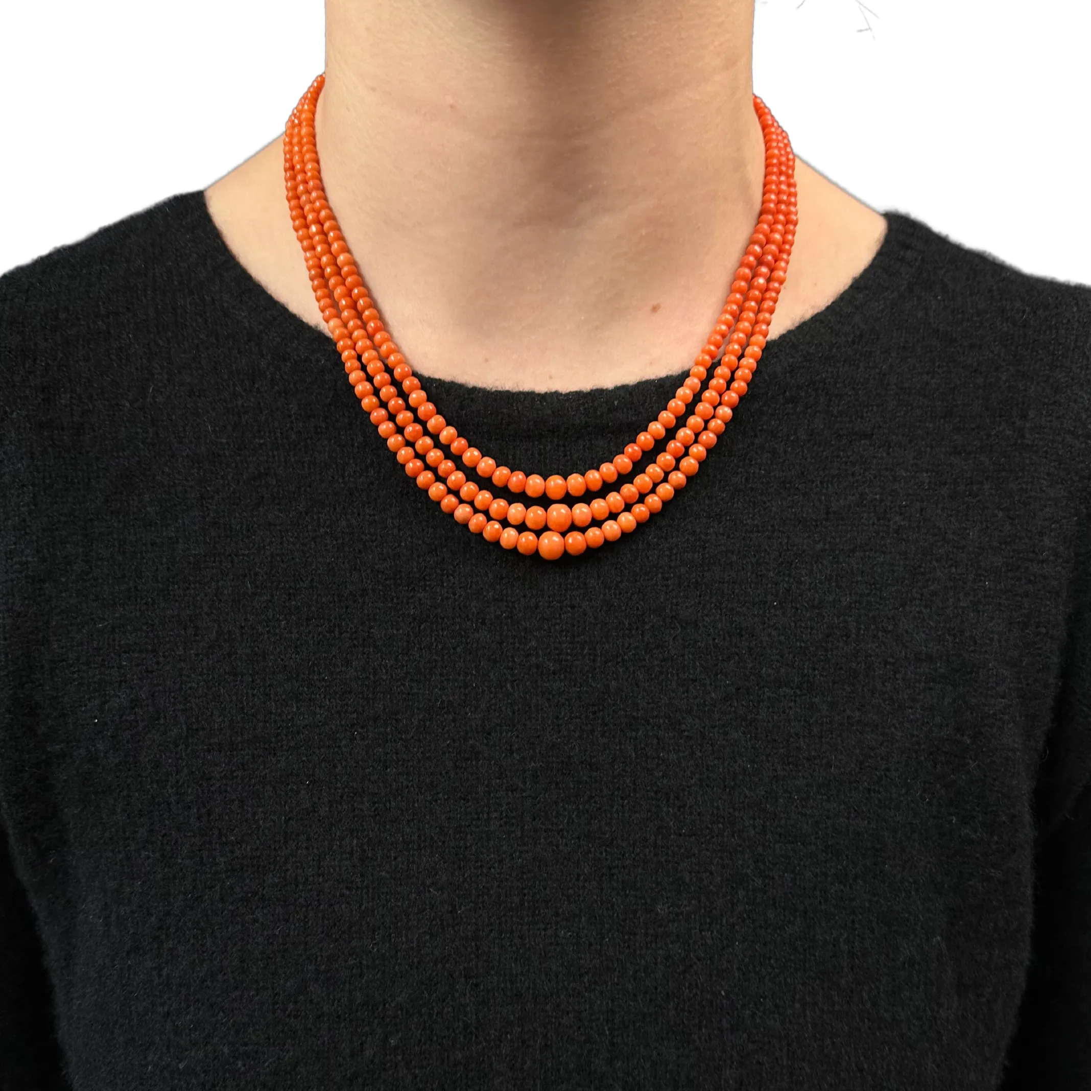 Daisy Exclusive Graduated Triple Strand Mediterranean Coral 18k Gold Necklace