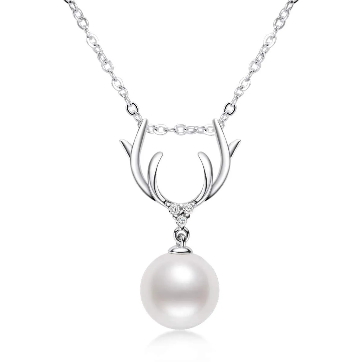 Deer Antlers Freshwater Cultured White Pearl Pendant Necklace S925 Silver Chain for Women Jewelry Gifts