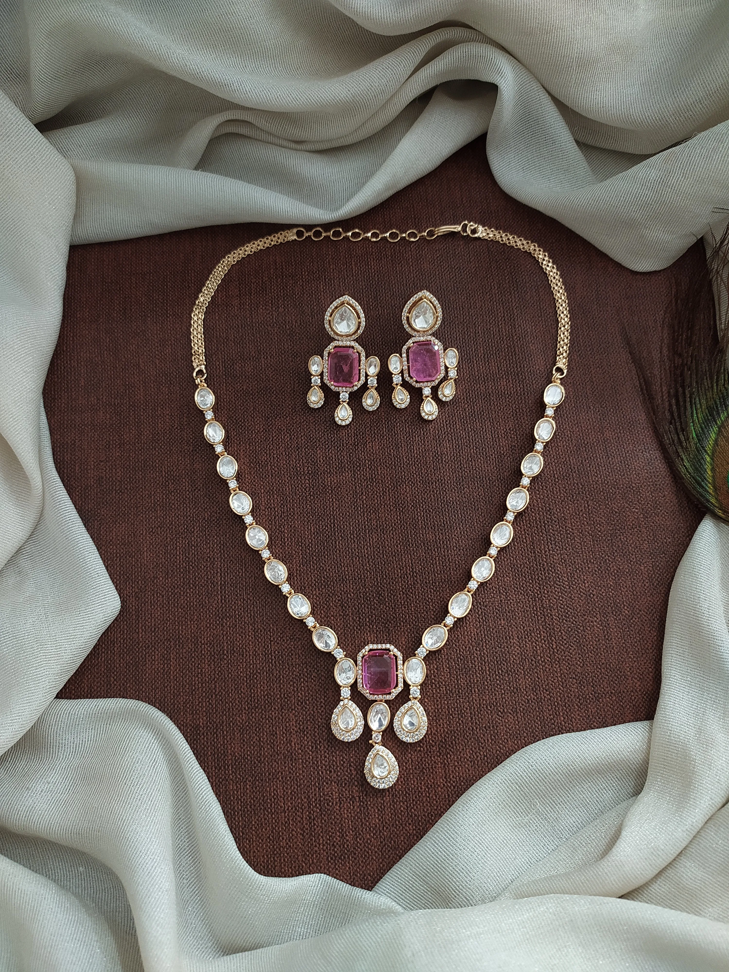 Designer Pendant Necklace Set in Pink with Uncut Diamond Stones