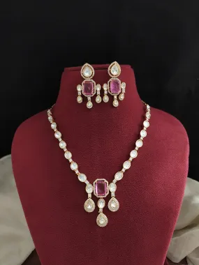 Designer Pendant Necklace Set in Pink with Uncut Diamond Stones