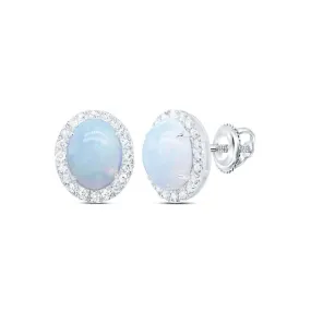 Diamond & Natural Opal Solitaire Stud Earrings 10k White Gold Screw Back