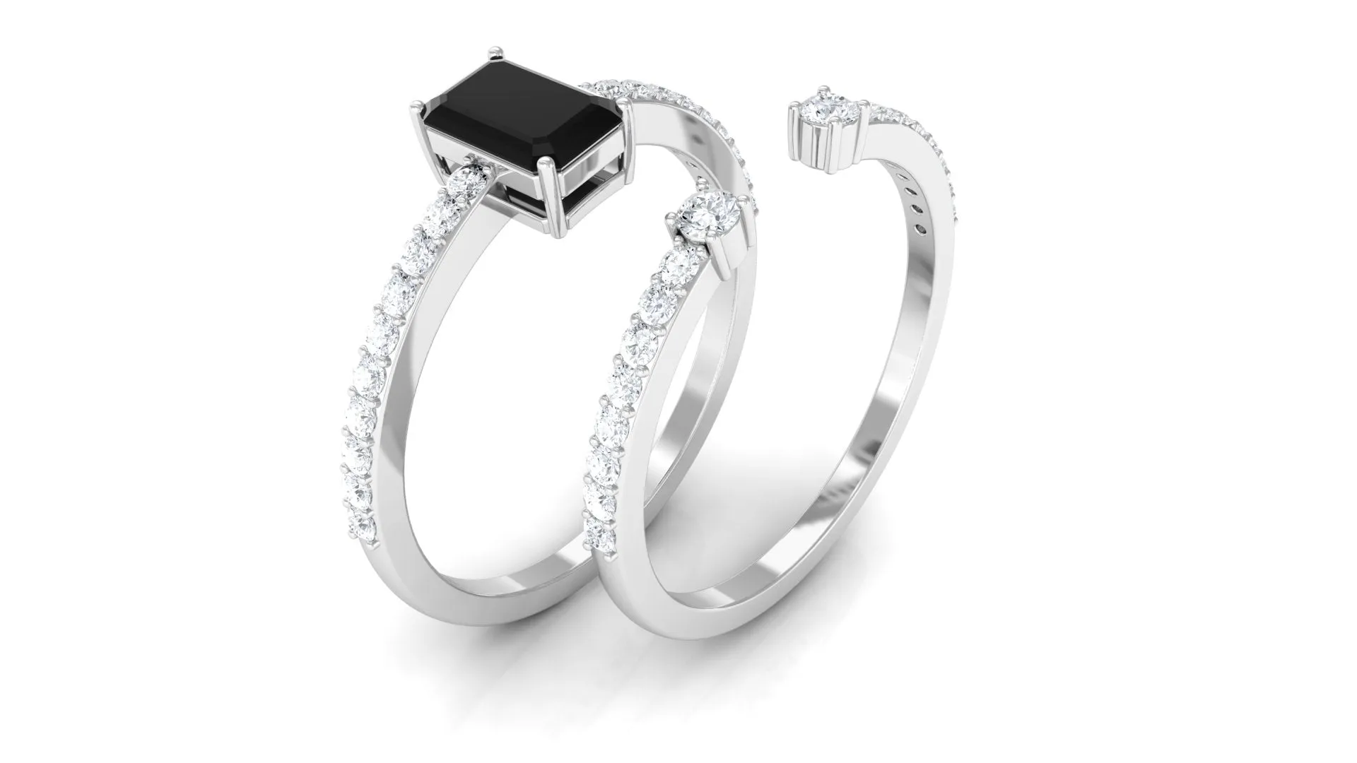 Emerald Cut Created Black Diamond Engagement Ring Set with Diamond