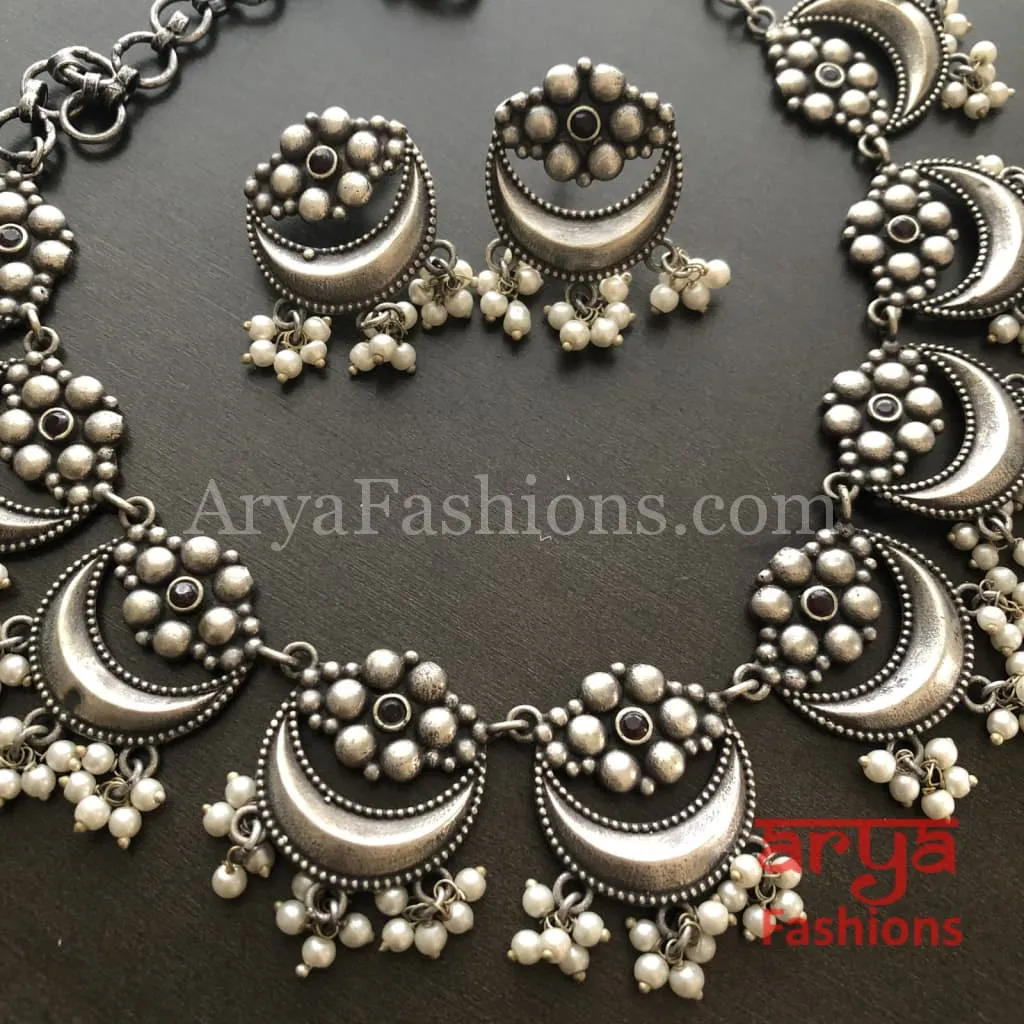 Enamel Oxidized Silver Necklace with Pearl Beads/Kolhapuri Necklace