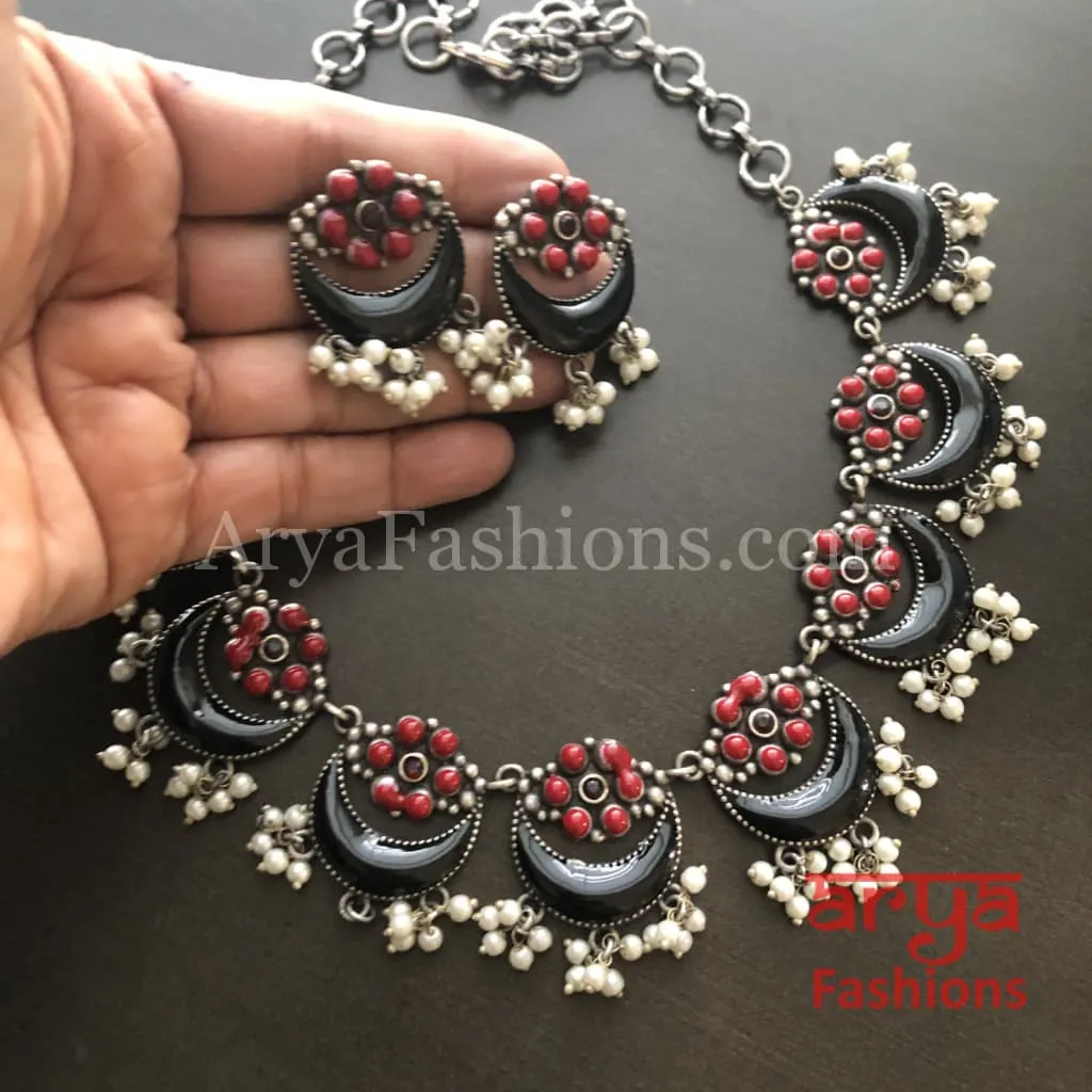 Enamel Oxidized Silver Necklace with Pearl Beads/Kolhapuri Necklace