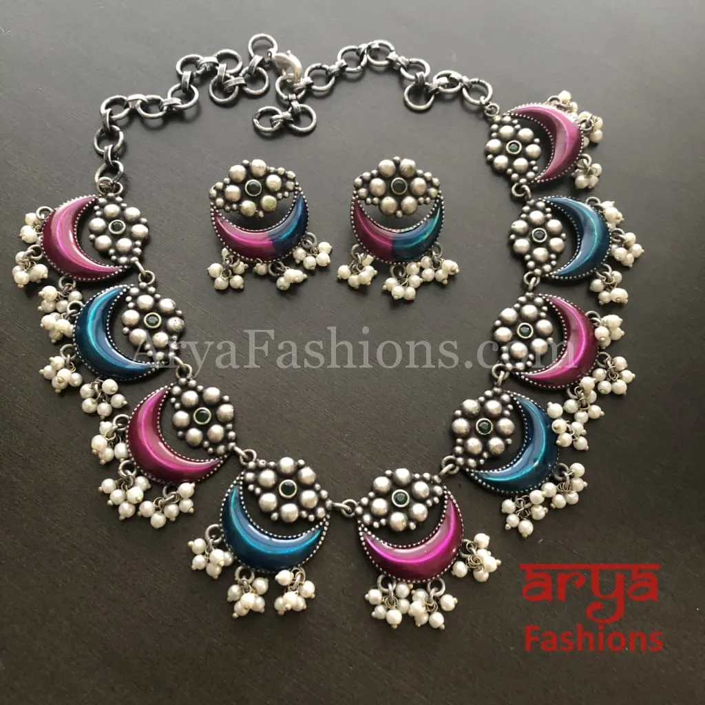 Enamel Oxidized Silver Necklace with Pearl Beads/Kolhapuri Necklace