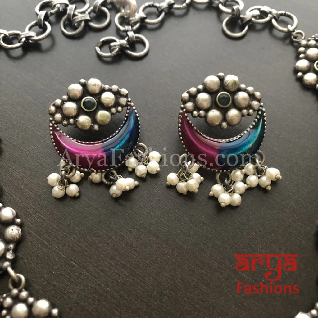 Enamel Oxidized Silver Necklace with Pearl Beads/Kolhapuri Necklace