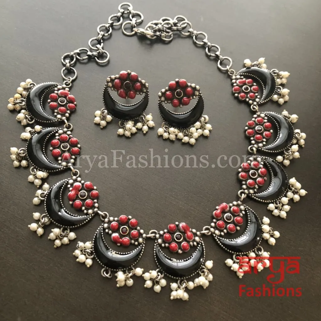 Enamel Oxidized Silver Necklace with Pearl Beads/Kolhapuri Necklace