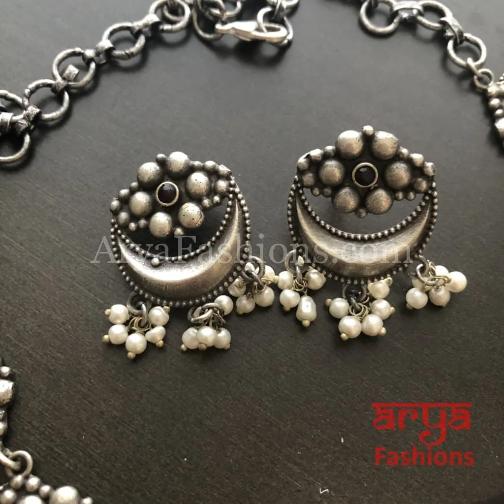 Enamel Oxidized Silver Necklace with Pearl Beads/Kolhapuri Necklace